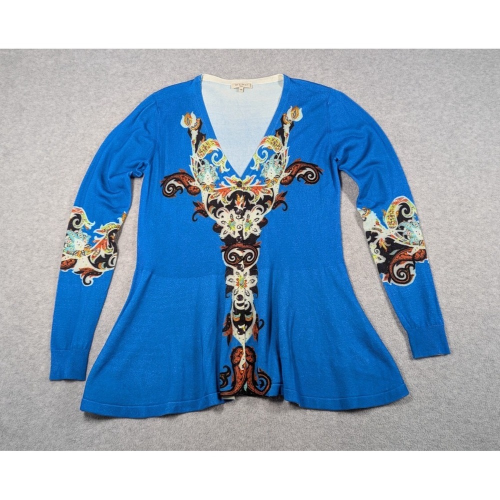 Etro Milano Women Sweater Size 46 Silk Knit Stretch Paisley Cardigan‎ Flare Hem